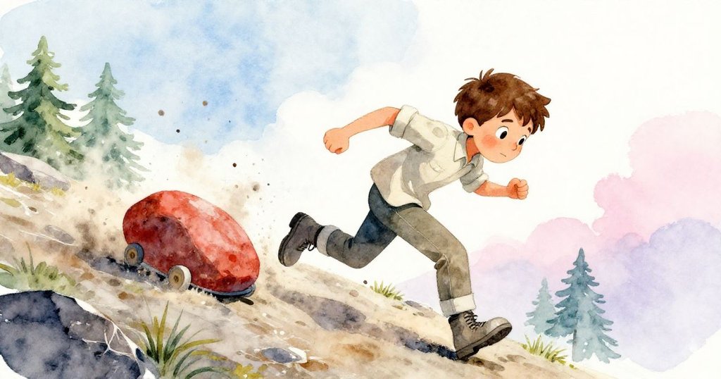 Wade在崎嶇斜坡上奮力追逐滑落的生銹紅石頭,身形矯健、神情堅定,塵土飛揚展現出緊張動感。