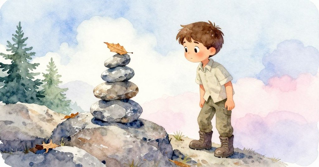 Wade滿懷喜悅注視著完成的積石堆,夕陽低垂,乾枯落葉靜臥石基,整個場景透露出寧靜與成就。