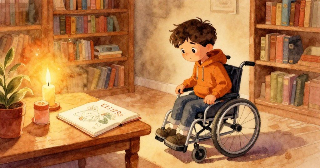 懷特在圖書館閱讀桌前滑行設置畫具,燈光半暗映出他專注神情與細膩物件,展開創作旅程。