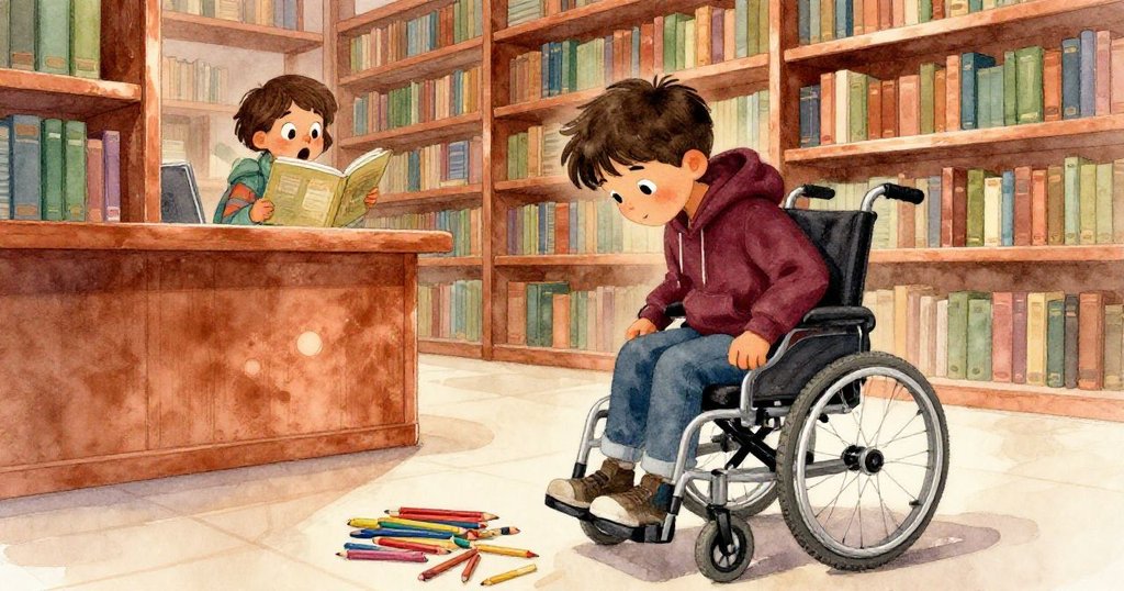 懷特彎腰拾取散落彩色鉛筆,旁邊讀者露出驚訝表情,圖書館內溫暖背景展現情節急轉直下。