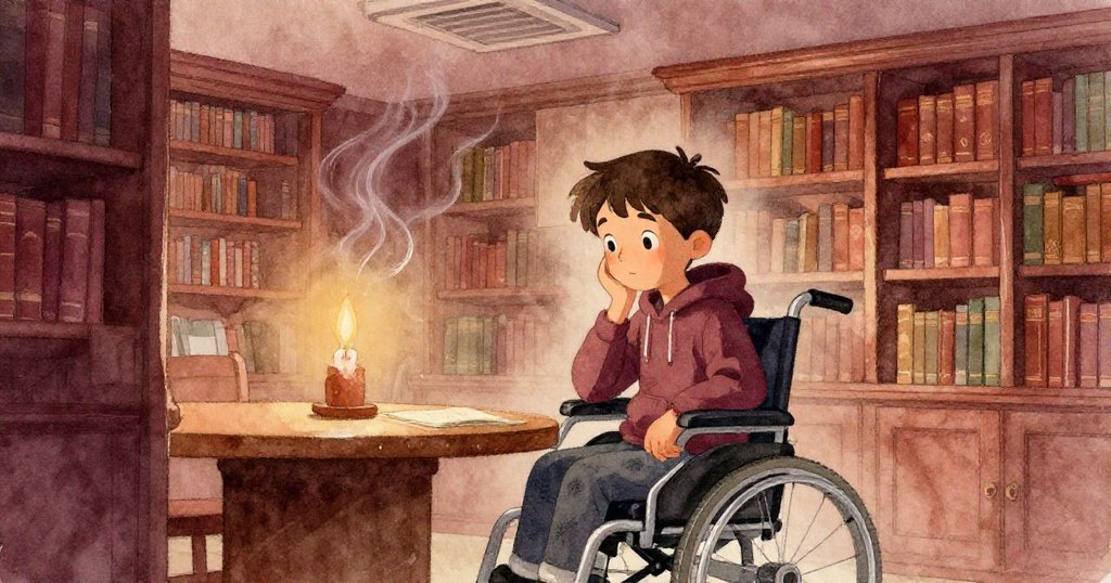 懷特在微風吹拂下停留,觀察桌上水滴與蠟燭微動,室內氛圍安靜且充滿細膩變化,情緒凝重。