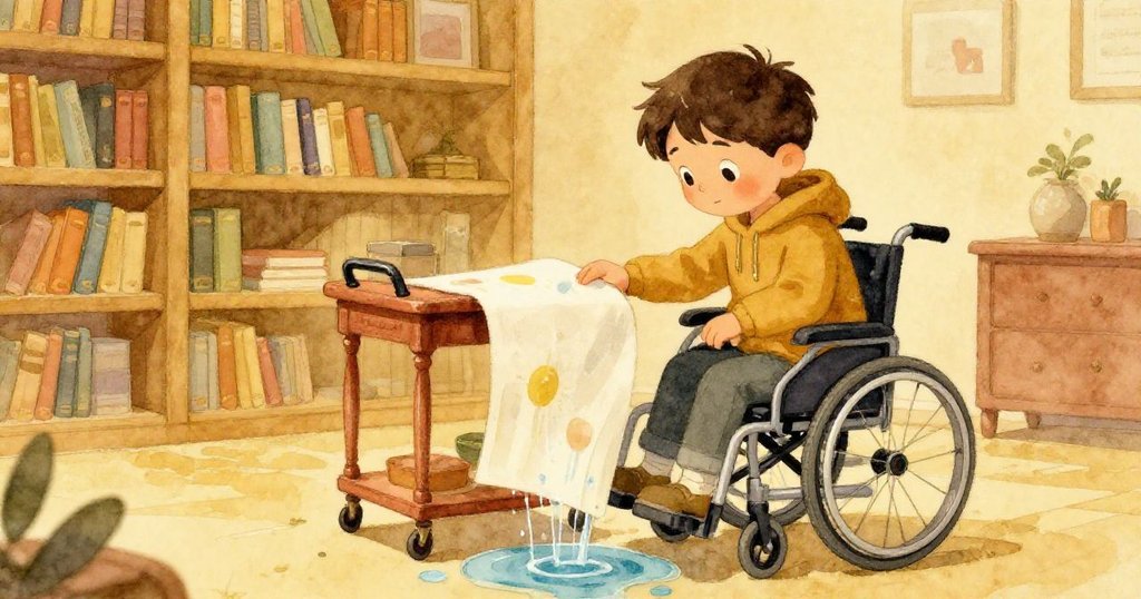 懷特滿意地用連帽衫控制水流,再將濕畫頁放進回收推車,室內讀者露出微笑,情節漸入佳境。