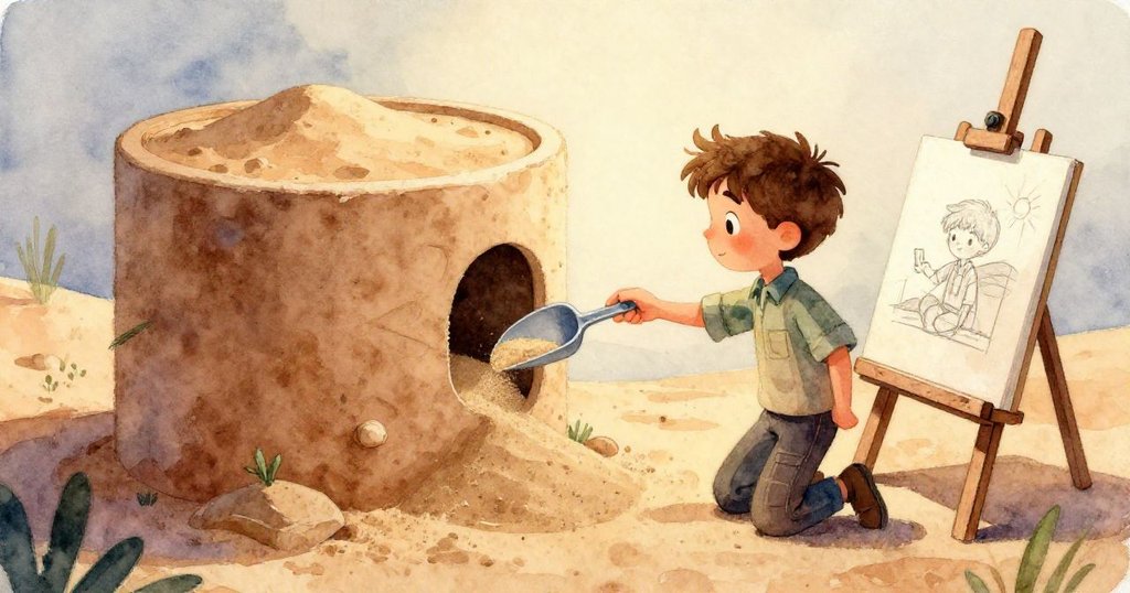 路克正用塑料鏟輕輕操作透明模型內沙粒，下方沙丘細膩成形，象徵創意萌芽。