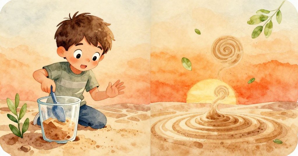 路克正專心加鏟第二層沙，旁邊細沙因氣流微旋升起，畫面分割呈現動作與效果的轉換。