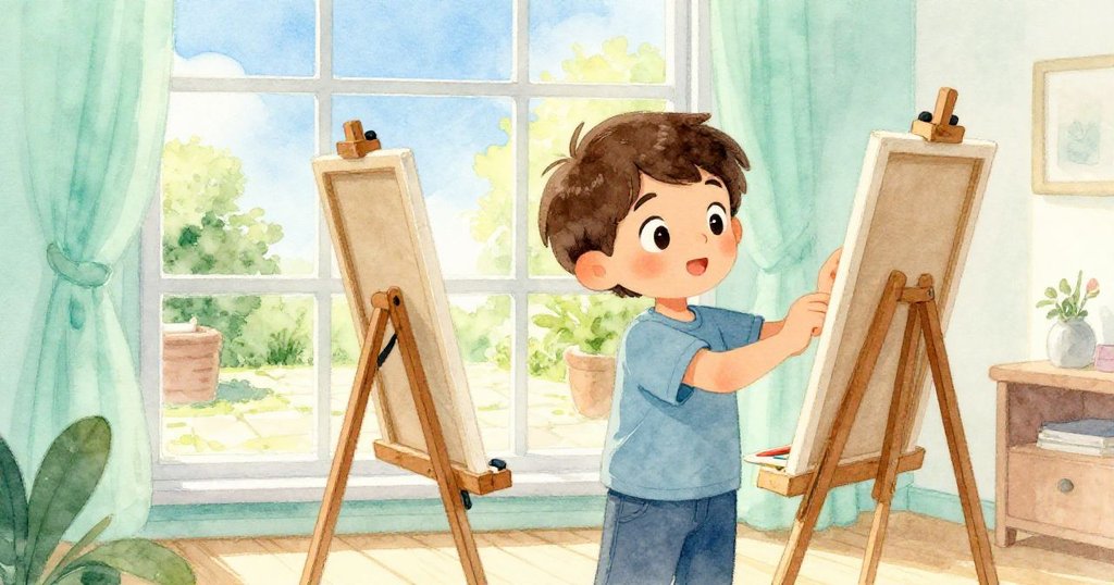 路克在室內調整畫板，透過大窗觀察明亮庭院，室內外光影交錯，情感平靜而充滿期待。