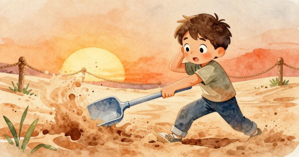 沙堆擋住通風口引起沙旋，路克迅速拉回鏟子，動作果斷，畫面呈現連鎖反應與緊張創造感。