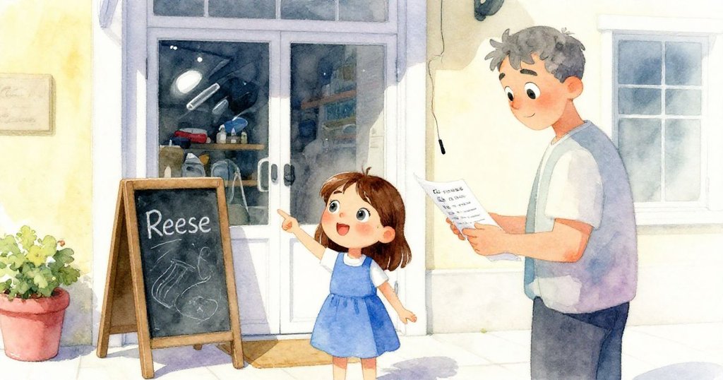 Reese在店門口指向被藍色粉筆模糊的特價板，父親靠近旁邊看價目表，暖光中展現期待與疑惑。