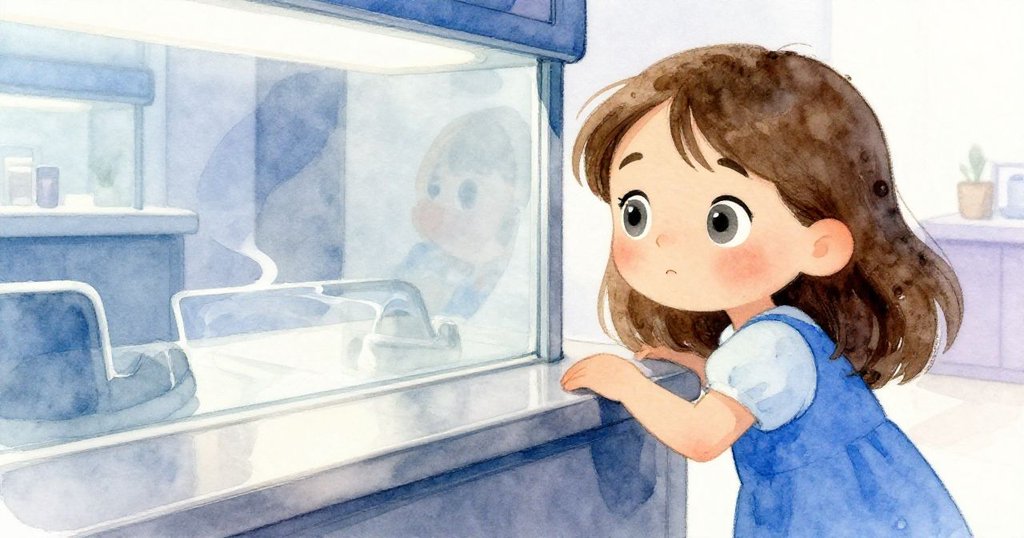 Reese靠近不銹鋼櫃邊，專注凝視反光條，眼神充滿疑惑與期待，場景細節豐富。