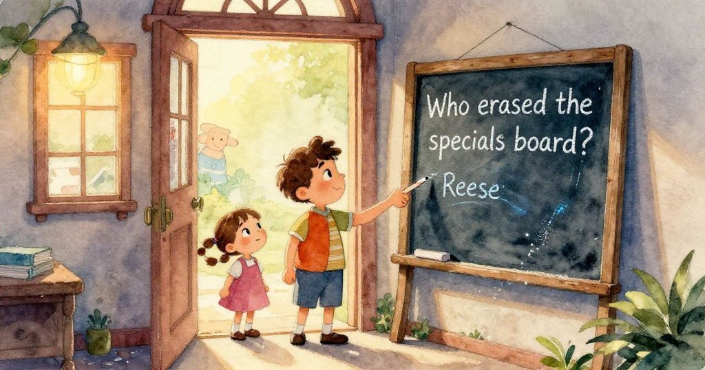 小麻雀在門外板凳上跳躍，好奇觀察店內模糊的特價板和搖曳招牌，充滿活力與細節。