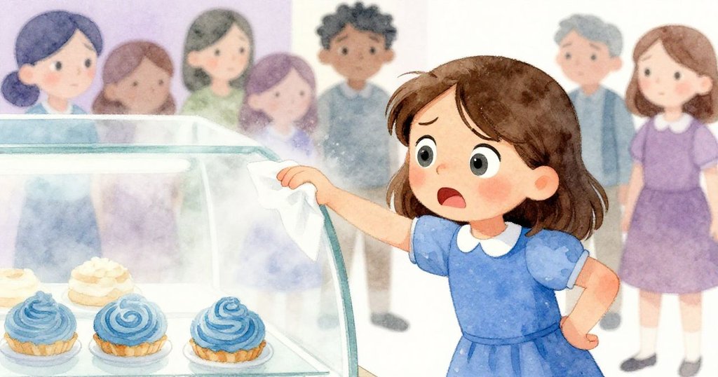 Reese用紙巾擦拭模糊特價板，專注又略顯憂慮，背後排隊人群依稀可見，描繪內心矛盾。