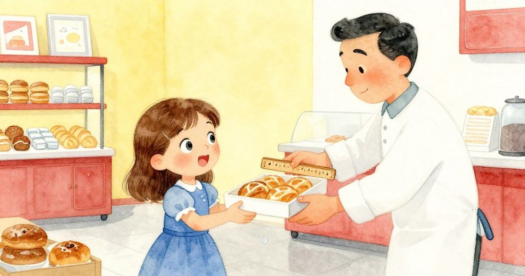 Reese從和藹商員手中接過藍旋裱花糕點盒，地上滴落水珠映出光澤，溫馨交流表現解決困難。