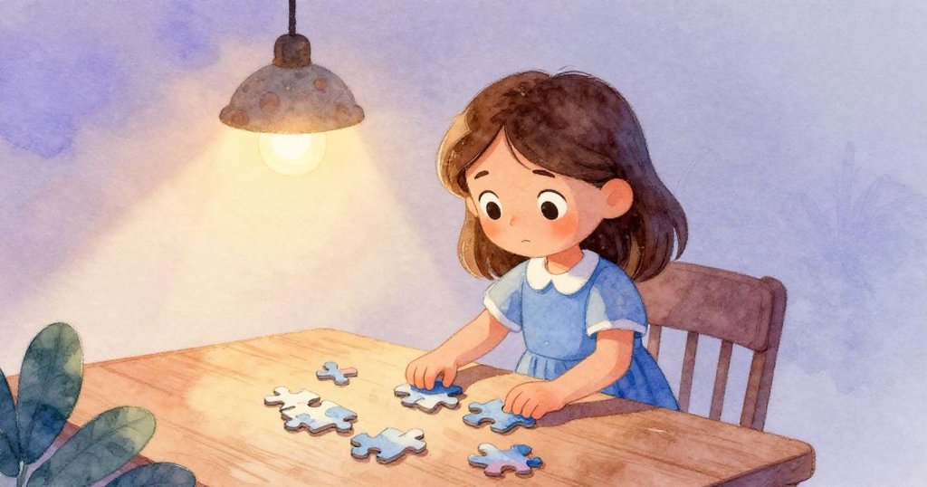 瑪果在柔和晨霧中好奇地安排拼圖碎片，溫暖燈光映照桌面，展現出她的探索決心與悠然心情。