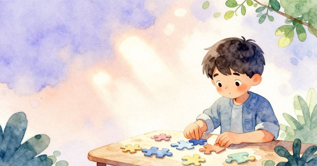 約克專注地拼湊藍天拼圖，細膩光影對比突出空間感，顯現出他深思熟慮的專注神情。