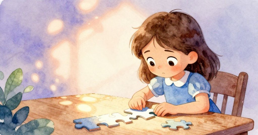 低角度展現瑪果細心輕敲拼圖碎片，神情堅定充滿探索好奇，細節豐富動人心弦。