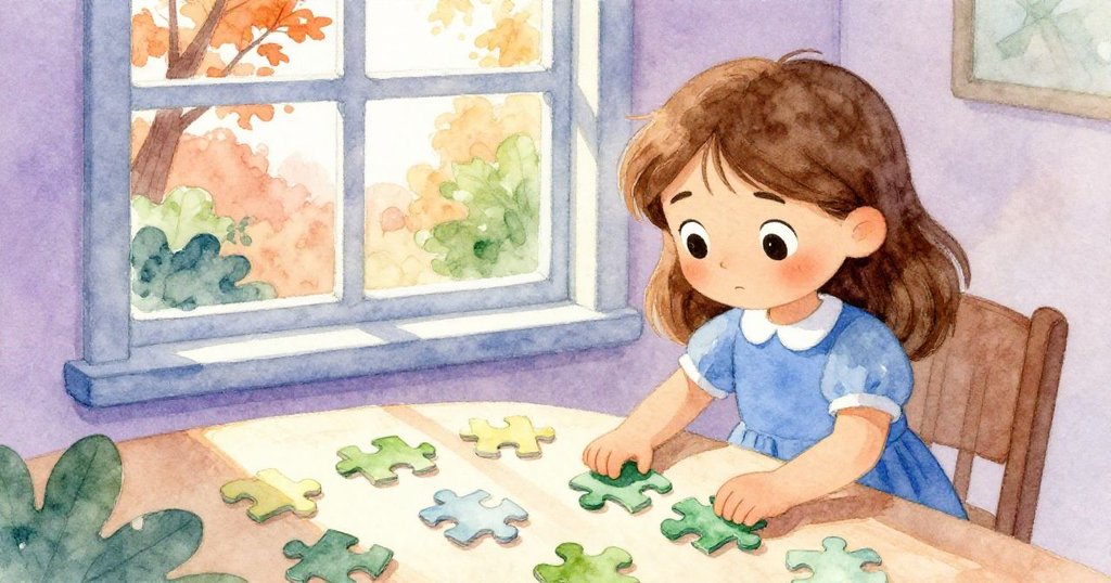 瑪果整理各色綠意拼圖，桌邊窗外秋意濃厚自然光輝映，呈現出季節交替的細膩美感。