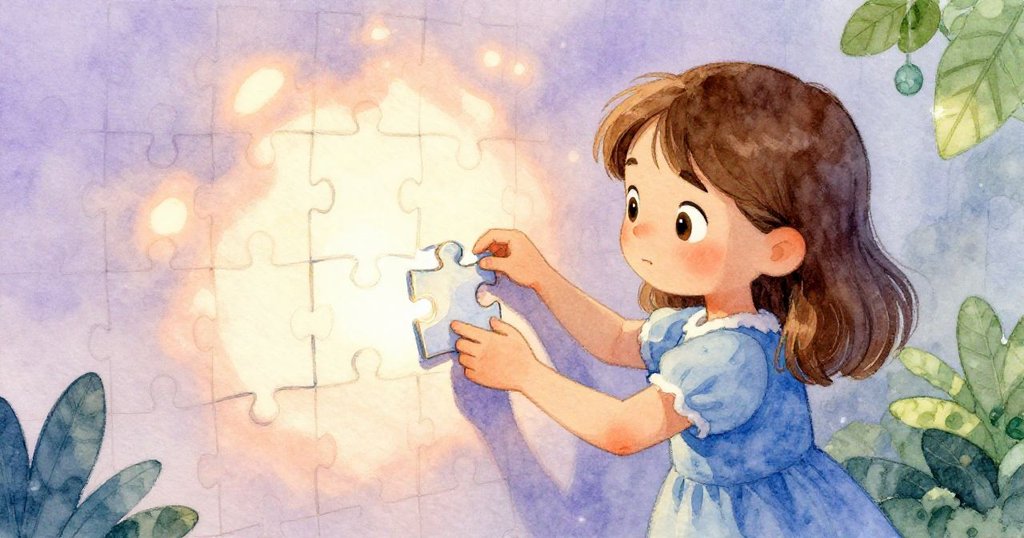 瑪果聰明地將完美拼圖放入缺口，清脆聲響引發喜悅，面部表情洋溢著成就與輕鬆。