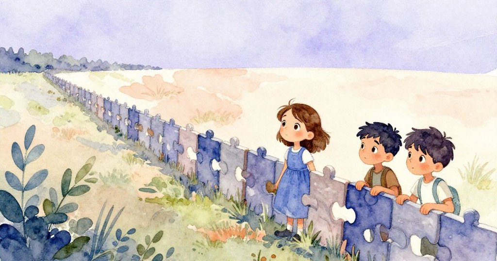 瑪果與約克齊心完成拼圖圍欄，展望延伸遠方開闊未來，神情自豪融匯成就與希望。