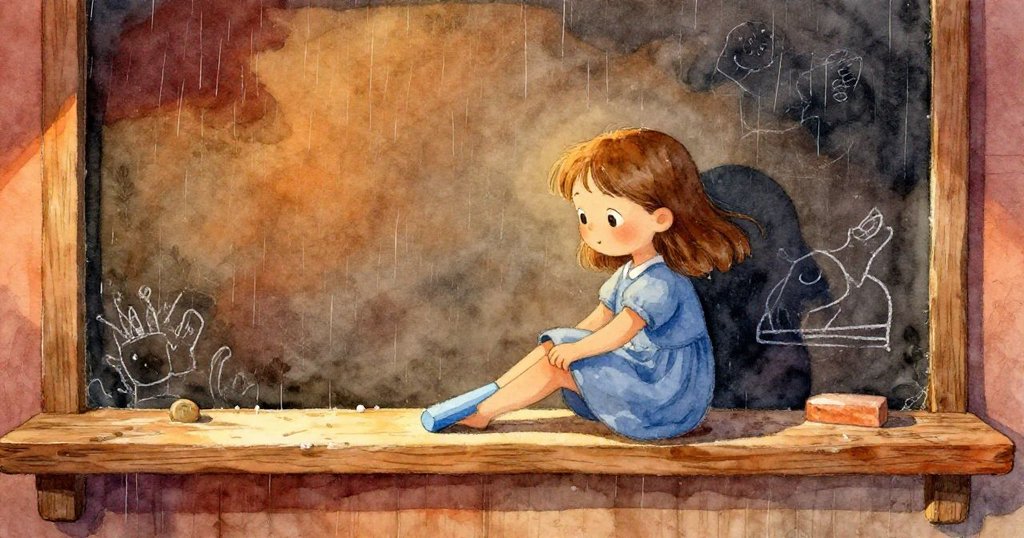 珍珠在露天板前滑下藍色粉筆，細雨中充滿期待，晨光與自然色彩交織，展現出冒險的開始