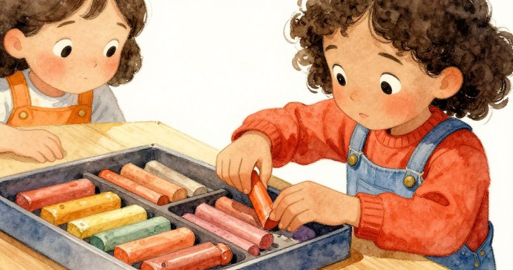 莎拉專注整理彩色粉筆，她的小手輕柔點撥陳列在老舊工具箱旁，充滿溫暖與認真感