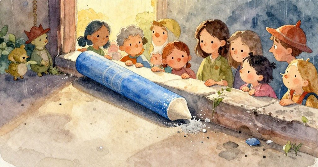 珍珠用藍色粉筆勾勒出大鯛魚，濕潤區域中氣泡蜿蜒流下，水窪中映出藝術般的反射，充滿詩意