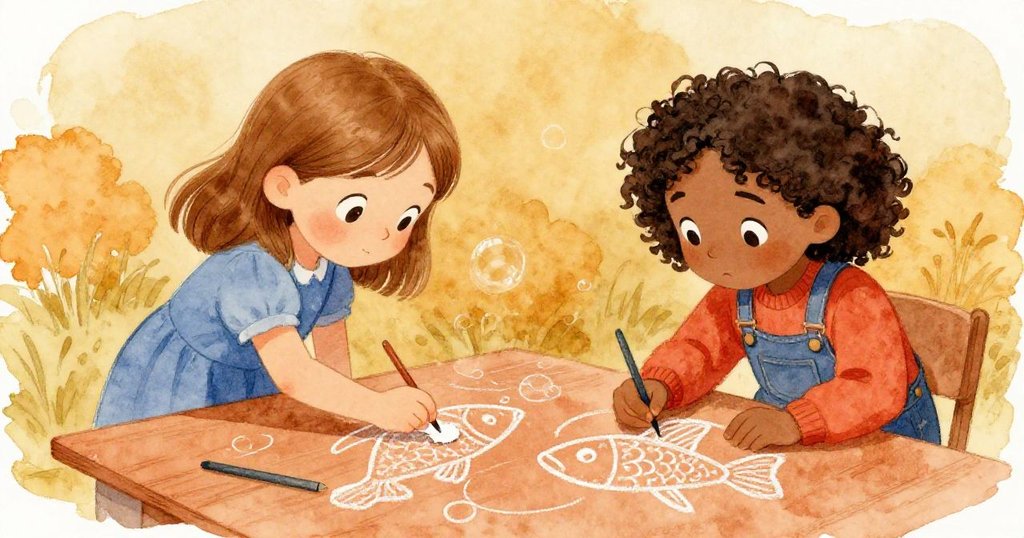 珍珠與莎拉攜手完成創作，莎拉點綴泡泡，珍珠細描魚鰭，整個露天板呈現溫暖和諧的藝術結局