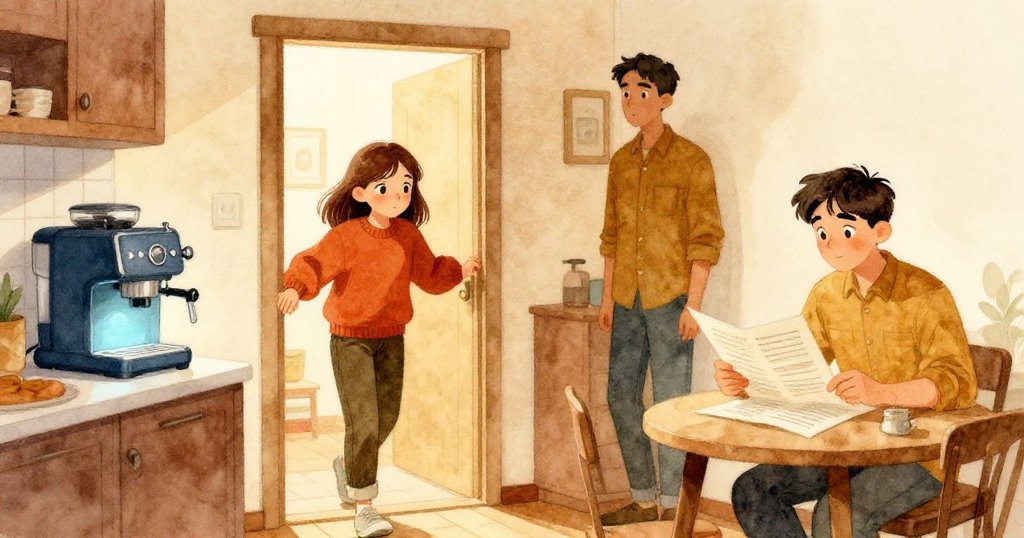 Nell走進明亮溫暖的廚房,與認真閱讀報告的Wade相遇,表情充滿期待與專注。