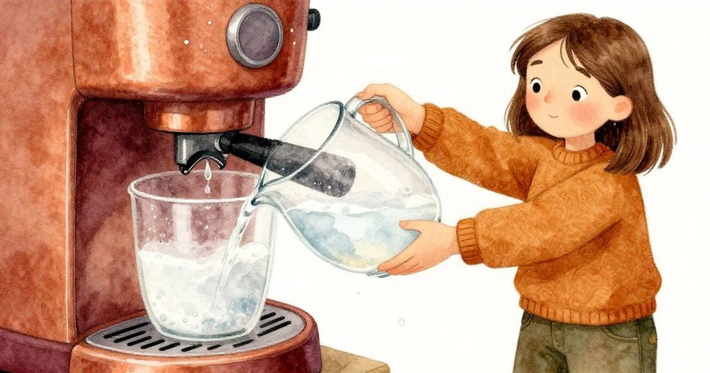 Nell用手輕提冰涼的霧面玻璃瓶,小心倒水進空白咖啡機槽,細節展現出冷凝水滴,氣氛專注。