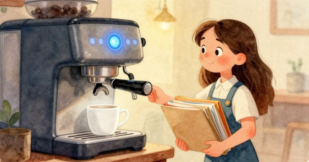 蒸氣隨著冷水觸熱金屬而上升,穿過藍調咖啡機前景,輕柔凝結於高窗上,層次分明展示細膩變化。