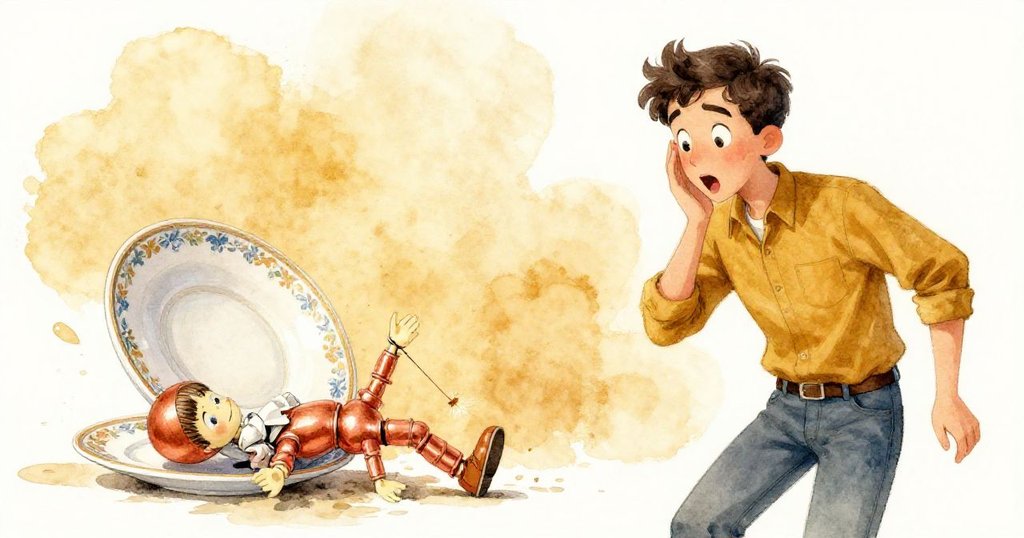 連鎖反應中,瓷盤輕觸紙鎮使木偶傾倒,Wade驚訝抬頭,動態情境充滿活力與驚奇。