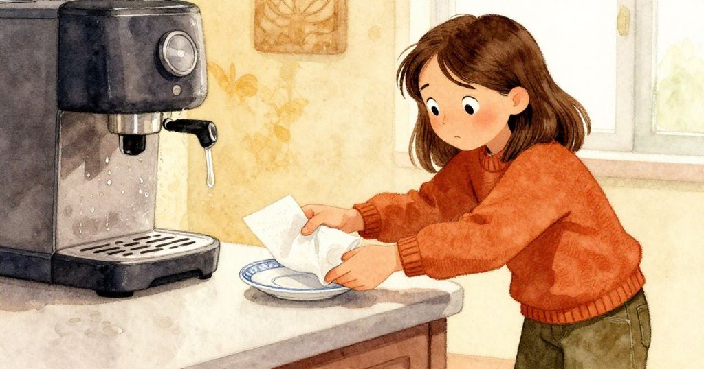 Nell專注將折疊紙巾塞入瓷盤下制止滑動,背景中水珠悄然聚集,氣氛從動亂轉為平靜解決。