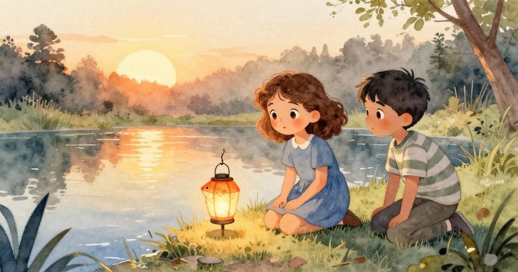 黎明時分，Colette在池邊專注擺弄魚燈，Eamon好奇觀望，清新的晨光映出水面彩色波紋，開始奇妙旅程。