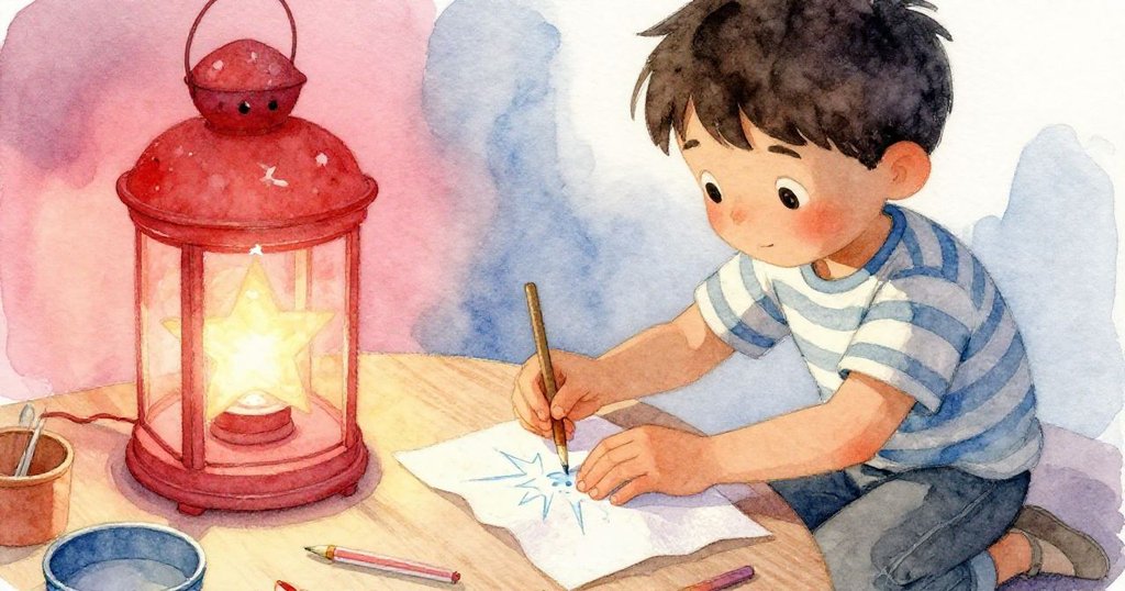 Eamon專注修補星燈，手持沾膠紙片細緻工作，燈中微光與工坊雜物交織，展現手作歲月痕跡。