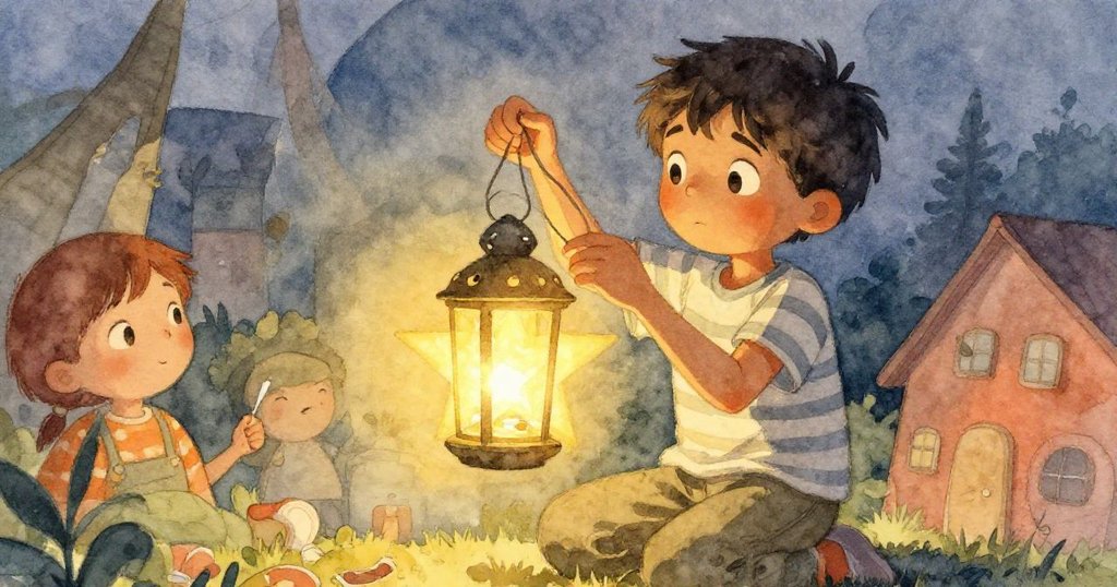 低角度畫面呈現Eamon認真修補星燈，仰望微光與細膩補救細節，強調努力與決心的瞬間。