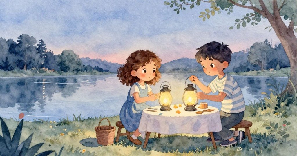 暮色降臨，Eamon修補星燈成功舒展呼氣，Colette穩住魚燈，庭院寧靜，光影交織彌漫著平和結局。