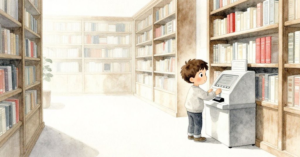 Tobias 正在圖書館中操作目錄終端，身旁有書架和舊書堆，他神情專注，環境安靜且充滿歲月氣息。