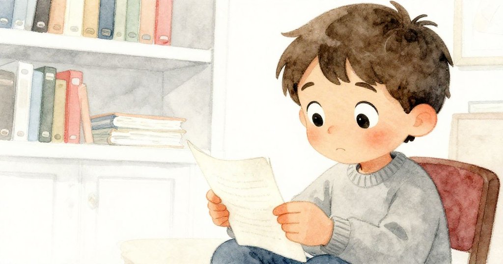 Tobias 仔細檢查著捲曲的紙條，眼神充滿好奇與專注，背景隱約顯示圖書館的細節，呈現謎樣氛圍。