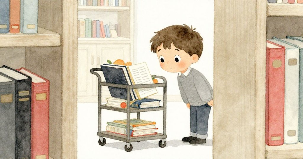 透過半開的木板，Tobias 目光凝重地望向裝滿語言期刊的回收推車，環境充滿懷舊木質質感和柔和光影。