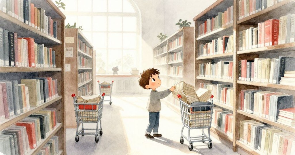 Tobias 穿過語言區陳列的長書架，輕觸推車與書本，陽光透過高窗灑入，展現出靜謐的圖書館氛圍。
