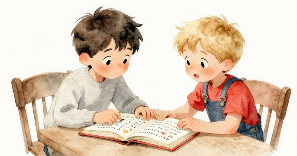 在溫馨的閱讀桌旁，Finn 打開一本帶有柑橘香的薄書，Tobias 好奇觀看，兩人一起解讀語言謎題，氣氛充滿奇趣。