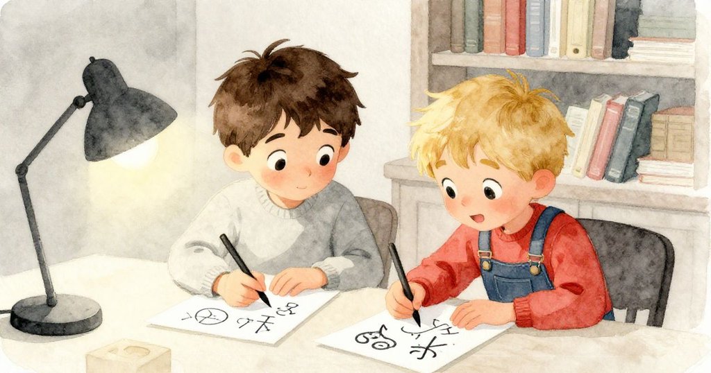 Tobias 與 Finn 坐在閱讀桌旁認真描繪象徵圖形，臉上流露專注與期待，暗示著故事續篇即將展開。