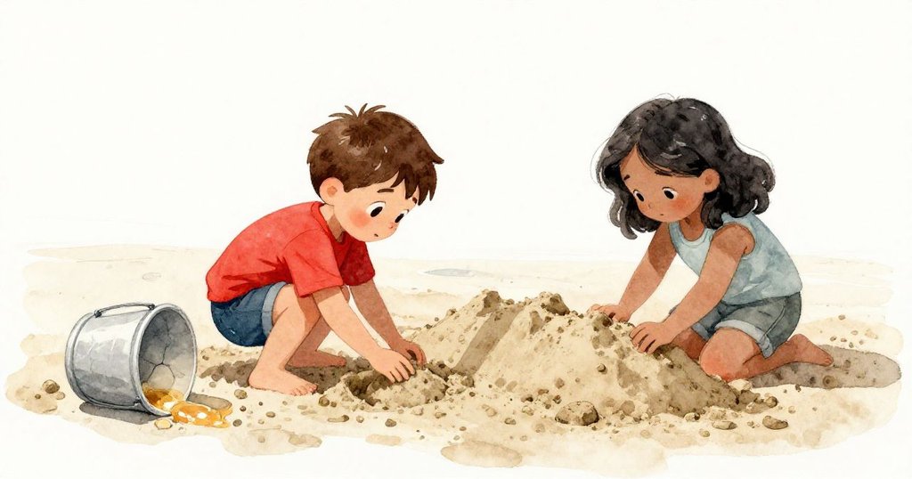 山姆蹲在沙堆旁小心刷去鬆散沙粒，眼神專注；六月跪側旁邊塑造沙牆，背景為溫暖下午的沙灘景色。