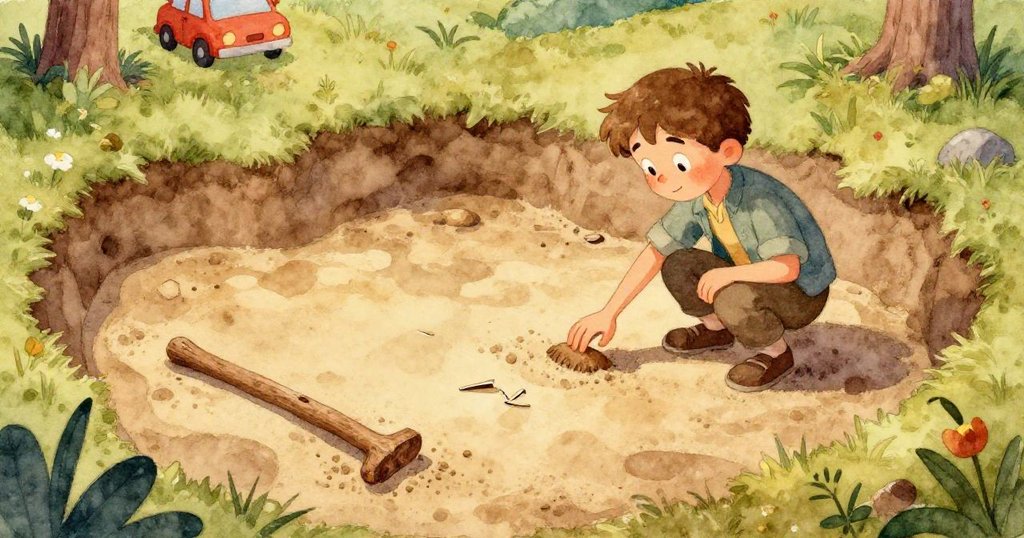 山姆專注地觀察沙中閃閃發光的碎片，柔和光線下他的手指輕撫沙面，神情中滿是好奇與堅定。