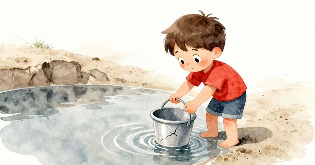 山姆將裂縫塑料水桶輕輕浸入淺水中，水面上映出他專注的神情和沙堤的倒影，場景靜謐且充滿自然韻味。