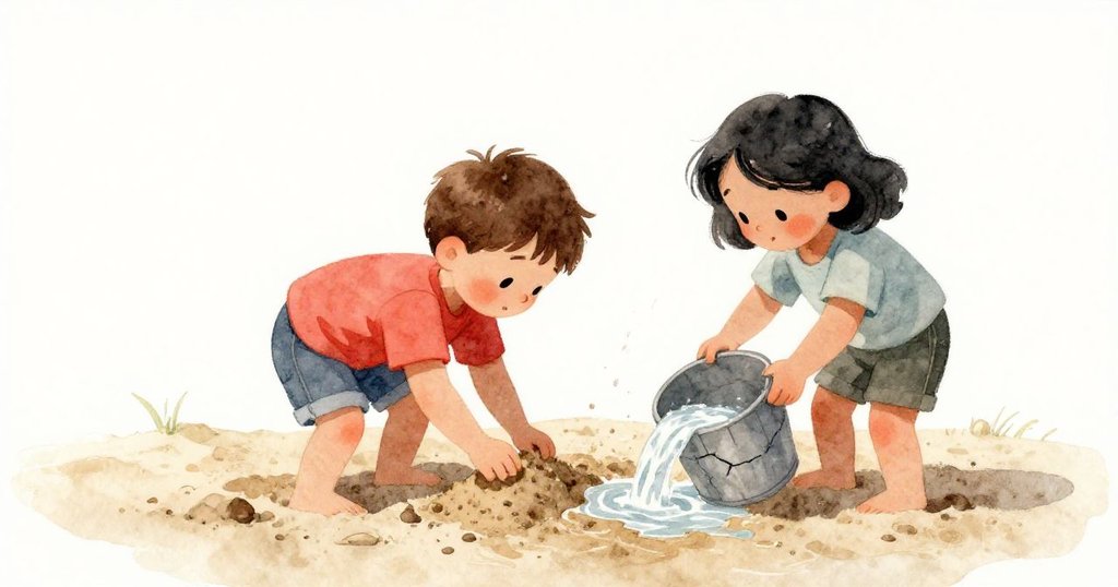 六月迅速填補沙堤縫隙，山姆協助調整水流，明亮陽光下微風吹拂沙粒，兩人動作協調，充滿活力。