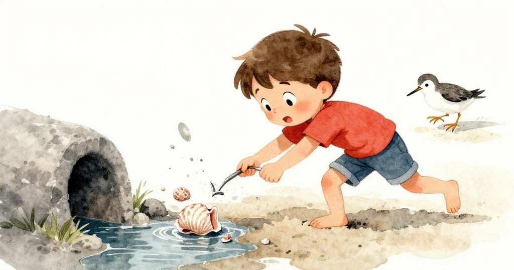 山姆用細小碎木輕推礁石，水流改道，一隻沙嘴鳥驚慌後退，動作迅速且充滿動感。