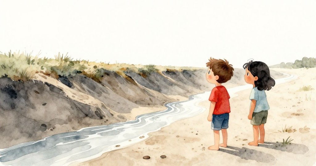 山姆與六月並肩站在穩固沙堤前欣賞著整齊水道，夕陽柔和照耀，整個沙灘充滿安詳與成就感。