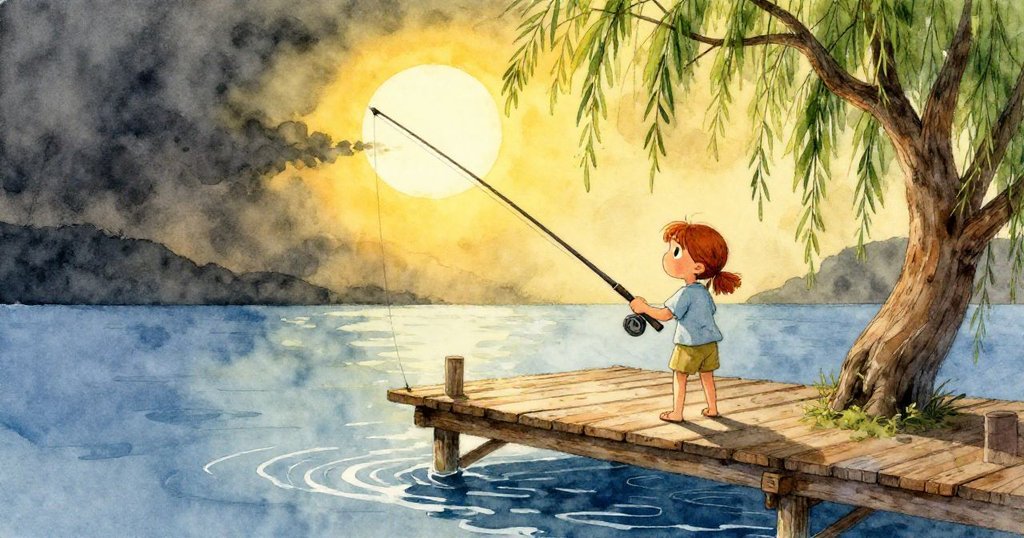 紫妮婭在古舊碼頭下劈影柳樹旁準備釣魚，光影交錯，表情專注，夕陽餘暉映照木板與水面