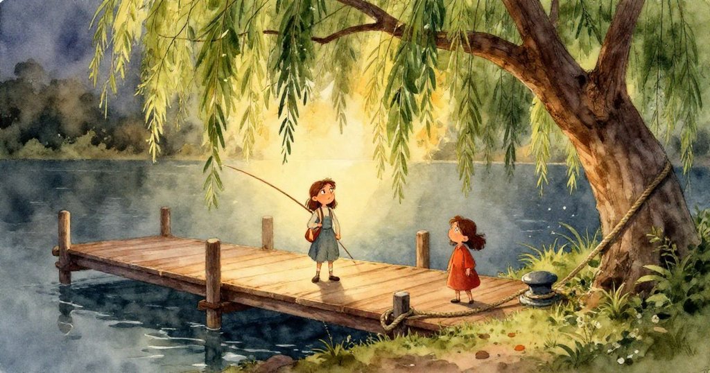 紫妮婭的雙手特寫，用細柳枝解開釣魚線的糾結，動作細膩，背景隱現老舊木板與暖光紋理