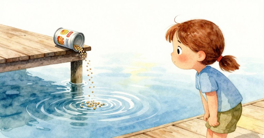 紫妮婭注視著倒翻的錫罐，麵糰球灑進波光粼粼的湖水，倒影映出溫柔夕陽與細膩情感