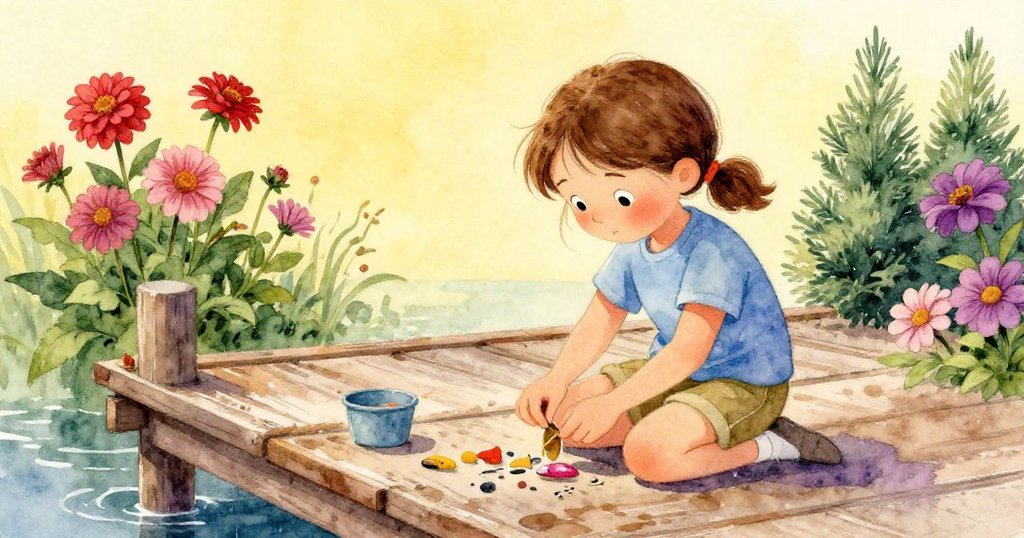 紫妮婭在雨後古舊碼頭上精心形塑餌料，背景顯露大麗花與常綠樹的亮麗色調，溫暖光線襯托季節痕跡